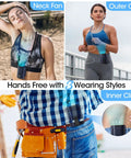 Wearable Belt Fan With 4 Speeds And Long Battery Life worn in neck, outer, and inner clip styles during various activities