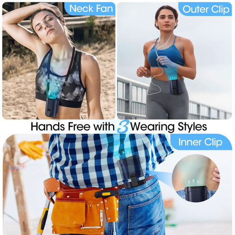 Wearable Belt Fan With 4 Speeds And Long Battery Life worn in neck, outer, and inner clip styles during various activities