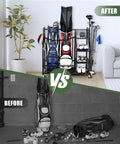 Before and after of Heavy Duty Golf Bag Storage Rack With Rolling Wheels For Garage Or Clubhouse Durable Metal Stand Holds 2 Full Size Golf Bags And Gear Keeps Clubs Shoes Balls And Accessories Neatly Organized And Ready To Grab showcasing organized vs scattered golf equipment including bags and accessories.