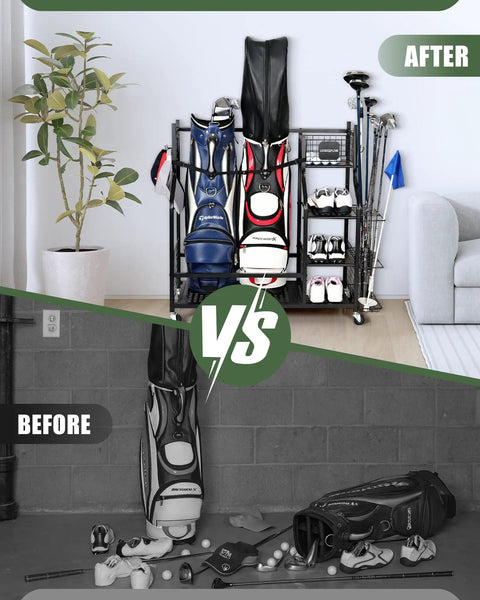 Before and after of Heavy Duty Golf Bag Storage Rack With Rolling Wheels For Garage Or Clubhouse Durable Metal Stand Holds 2 Full Size Golf Bags And Gear Keeps Clubs Shoes Balls And Accessories Neatly Organized And Ready To Grab showcasing organized vs scattered golf equipment including bags and accessories.