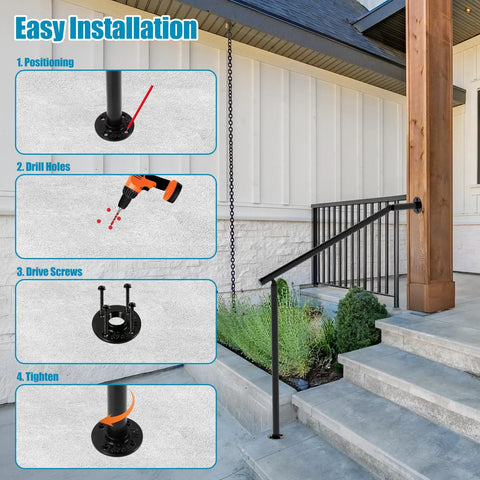 Pro Level Wrought Iron Hand Rails For Outdoor Steps 2 Or 3 Adjustable Indoor Outdoor Stair Railing Kit installation process in four steps.