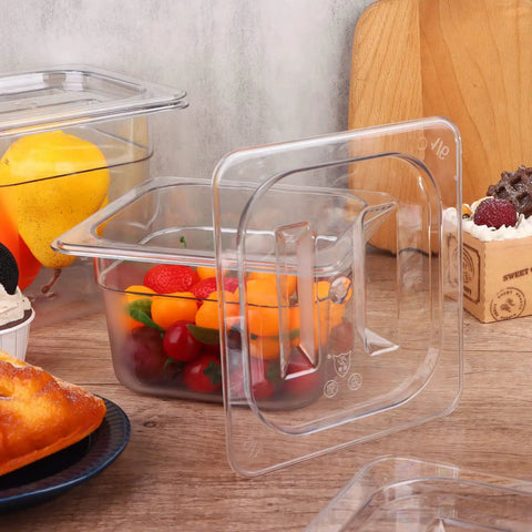 10 Pack 1/6 Size Crystal Clear Polycarbonate Food Pan Lids With Secure Handles Universal Restaurant Kitchen Covers Heavy Duty Workhorse with fruit.