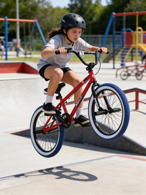 Child jumps on Freestyle 20 Inch BMX Bike For Beginners Kids 8 To 15 Red Frame With Blue Tires Kid Friendly Ride For Boys And Girls