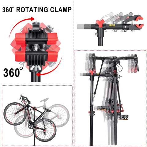 Bike Repair Stand For Home Shop And Mobile Mechanics Lifts Your Ebike Mountain And Road Bike showing 360° rotating clamp.