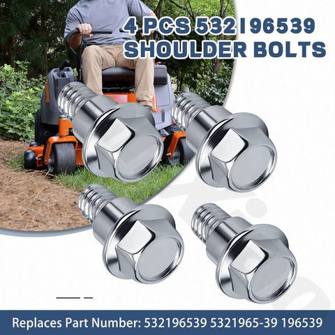 4 Pack Heavy Duty Replacement Shoulder Bolts 532196539 in front of a lawn mower, compatible with multiple models