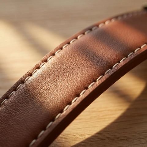 Close-up of 4 Pack Real Leather Cabinet Handles With Screws, Brown Leather Strap Drawer Pulls, showcasing texture and stitching.