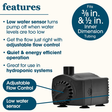 155 GPH Fountain Pump With Low Water Shutoff And Auto Shutoff To Prevent Burnout For Small Fountains And Hydroponics