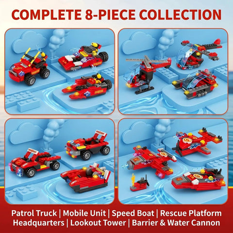 8 In 1 Fire Rescue Building Set Kit With Fire Station Large Fire Engine Fire Boat Rescue Helicopter Fire Plane And Emergency Vehicle Buildable Models For Grown Ups Collectible Construction Gift, 8-piece ABS plastic set