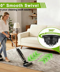 Woman using a vacuum with Peel And Stick Caster Wheels For Sliding Heavy Couches And Cabinets Smooth Self Adhesive Rollers For Kitchen Appliances Five Pack Floor Safe Slip On Gliders.