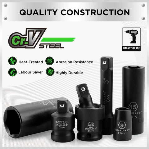 Impact Socket Set For Auto Work, 50 Piece Six Point Drive Three Eighths Inch, SAE And Metric Sizes, Cr-V Steel, tool focus
