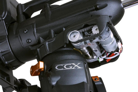 Close-up of CGX Equatorial Mount showing motorized components for EdgeHD 11 Inch Schmidt Cassegrain Telescope With CGX Equatorial Mount And Tripod For Ultra Sharp Flat Field Astrophotography Easy Star Tracking High Precision Optics And Superior Stability