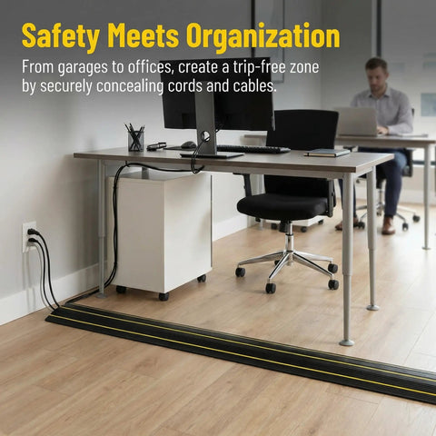 Office scene with 10 Foot Floor Cord Cover With Large Cable Channels for safety and organization under desk, preventing trip hazards.