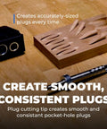 Heavy Duty Plug Cutter Drill Guide Kit Designed To Instantly Hide Pocket Screw Holes For Crisp Wood Finishes, showing plug cutting setup.