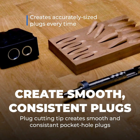 Heavy Duty Plug Cutter Drill Guide Kit Designed To Instantly Hide Pocket Screw Holes For Crisp Wood Finishes, showing plug cutting setup.