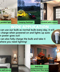 2 Pack Cordless Rechargeable Light Bulbs With Remote USB Charging displayed in various home and outdoor settings for versatile use