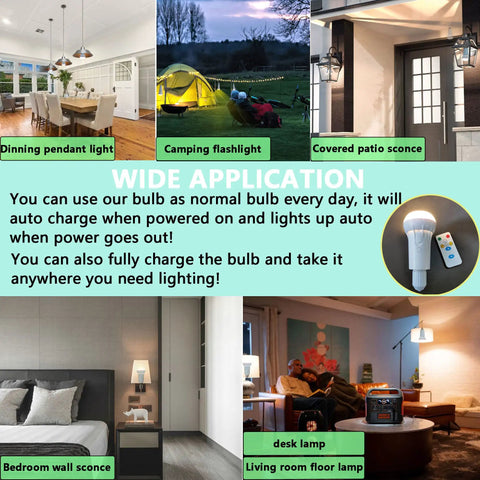 2 Pack Cordless Rechargeable Light Bulbs With Remote USB Charging displayed in various home and outdoor settings for versatile use