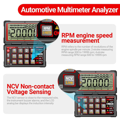 Beast Pro Grade Automotive Multimeter With 20000 Counts, Flip LCD highlighting RPM engine measurement and NCV sensing features.