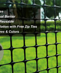 Close-up of Hella Tough Black Plastic Garden Fence With Heavy Duty Hardware Mesh, showcasing sturdy netting and zip ties.