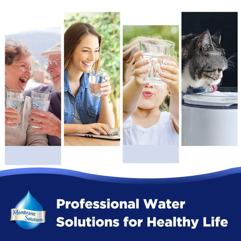 Four images depicting various people and a cat drinking water, promoting Membrane Solutions for a healthy life.