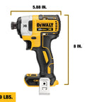 Impact Driver 20V Max XR Brushless Cordless With Three Speed Settings And Quarter Inch Chuck Tool Only side view with measurements