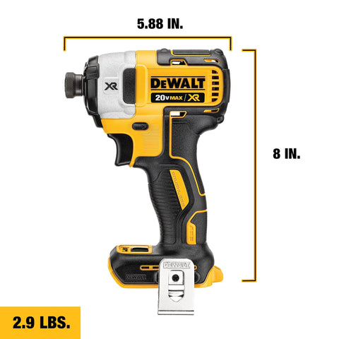 Impact Driver 20V Max XR Brushless Cordless With Three Speed Settings And Quarter Inch Chuck Tool Only side view with measurements