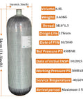 Dimensions and specifications of 6.8L PCP Air Tank System For Paintball And HPA Scuba Gear, Carbon Fiber Tank With M18x1.5 Threads, 4500 PSI Dual Gauge Valve
