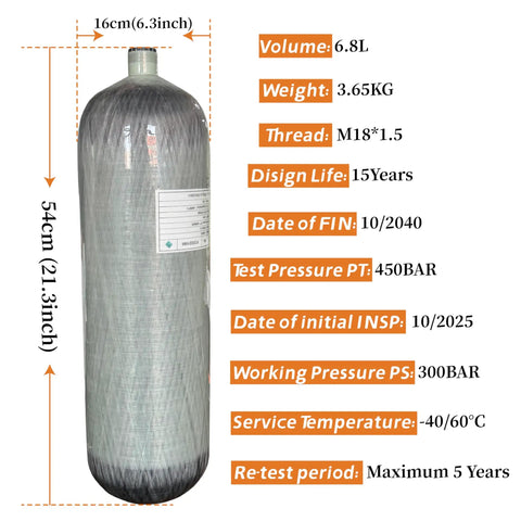 Dimensions and specifications of 6.8L PCP Air Tank System For Paintball And HPA Scuba Gear, Carbon Fiber Tank With M18x1.5 Threads, 4500 PSI Dual Gauge Valve
