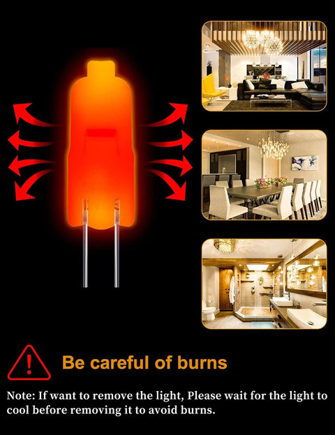 Diagram showing G4 Base Halogen Bulbs 12V 20W T3 Bi Pin Dimmable with usage examples in chandeliers and under cabinet lighting.