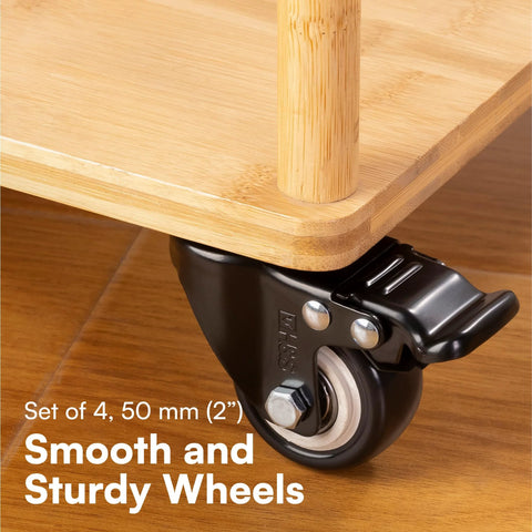 Heavy-Duty Caster Wheels With Brakes For Trolleys And Outdoor Furniture attached to wooden trolley, close-up view