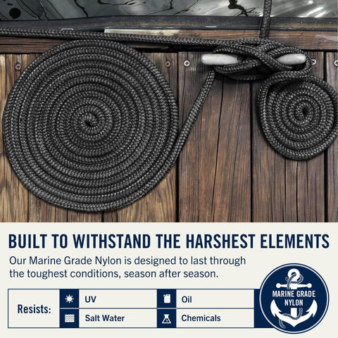Two Pack Fifty Foot Dock Lines For Boat Docking With Loop Three Quarter Inch Heavy Duty Premium Double Braided Nylon Mooring Rope With Twelve Inch Eyelet Black Marine Docking Rope Built Tough For Boats Up To Fifty Five Feet coiled on dock