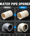 No Sweat Four In One Pvc Pipe Threader Kit For Half Inch Three Quarter Inch And One Inch Plastic Tubing Featuring Drill Ready Dual Head Threading Setup For Fast Diy Plumbing Jobs And Super Easy Fixes before and after images of water pipe openers