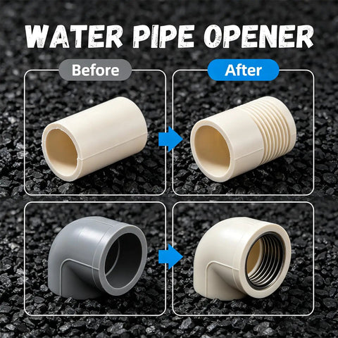 No Sweat Four In One Pvc Pipe Threader Kit For Half Inch Three Quarter Inch And One Inch Plastic Tubing Featuring Drill Ready Dual Head Threading Setup For Fast Diy Plumbing Jobs And Super Easy Fixes before and after images of water pipe openers
