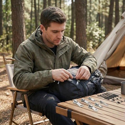 Man repairing backpack zipper using Three In One Zipper Repair Kit With Anti Slip Lock Sliders And Replacement Pulls, camping scene visible