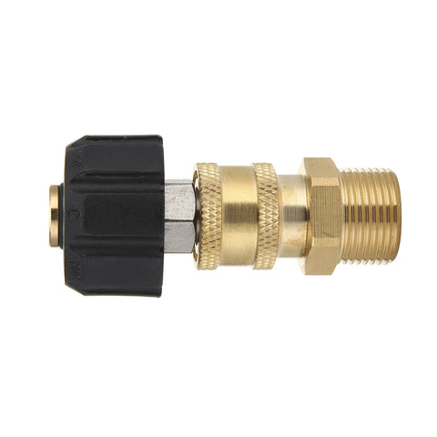Side view of brass pressure washer quick-connect adapter with black plastic grip; M22 14mm to 1/4 inch.