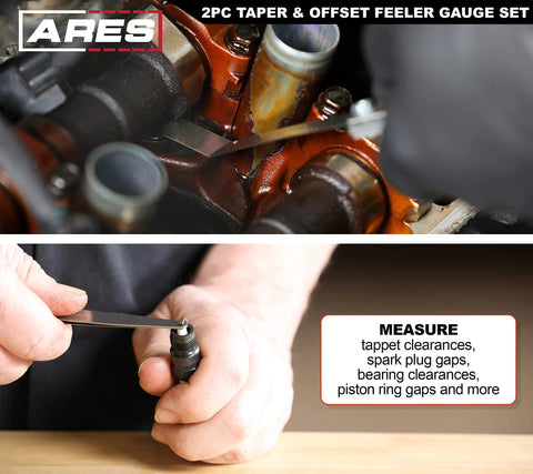 ARES 2pc tapered and offset feeler gauge set with SAE/Metric dual sizes for measuring tappet clearances and plug gaps.