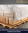 Clear LDPE Pallet Top Sheets 1 Mil Thick 60 X 60 Inch 250 Pack on pallet, protecting wrapped goods from dust and moisture.