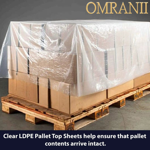 Clear LDPE Pallet Top Sheets 1 Mil Thick 60 X 60 Inch 250 Pack on pallet, protecting wrapped goods from dust and moisture.