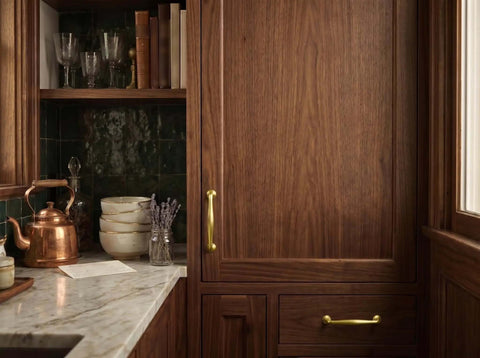 Brushed Gold Cabinet Pulls 5 Inch Hole Center 6 Pack Zinc Alloy Handles on wooden kitchen cabinet