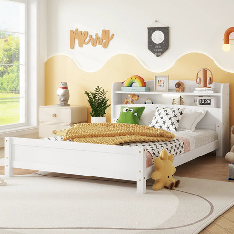 Solid Pine Wood Full Bed With Built In Bookcase Headboard LED Motion Sensor Night Light White Finish And Flexible Guardrails