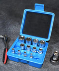 14-Piece E-Torx Socket Set For 1/4, 3/8, And 1/2 Inch Drives in a blue storage case with ratchet tool