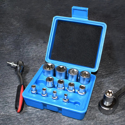 14-Piece E-Torx Socket Set For 1/4, 3/8, And 1/2 Inch Drives in a blue storage case with ratchet tool