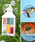 Three-piece stained-glass art collage: white lantern with color panels; blue toucan mosaic; round island sunset mosaic.