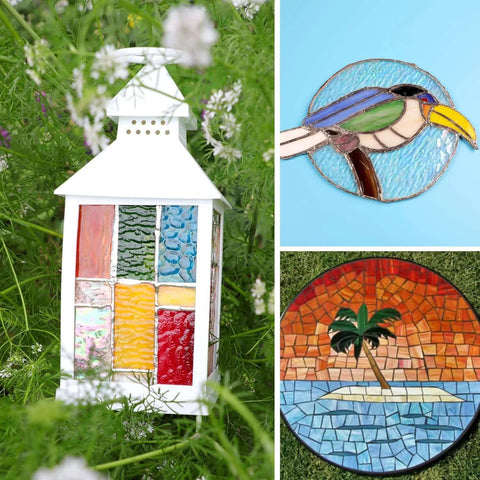 Three-piece stained-glass art collage: white lantern with color panels; blue toucan mosaic; round island sunset mosaic.