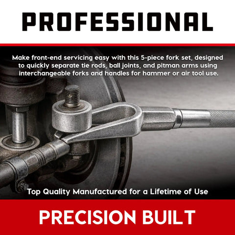 Five Piece Front End Fork Set For Auto Repair With Pickle Forks For Tie Rods Ball Joints And Pitman Arms Easy Separation Includes Pitman Arm Fork One Eighth Ball Joint Fork Fifteen Sixteenths Tie Rod Fork Eleven Sixteenths Dual Handle used on tie rod end
