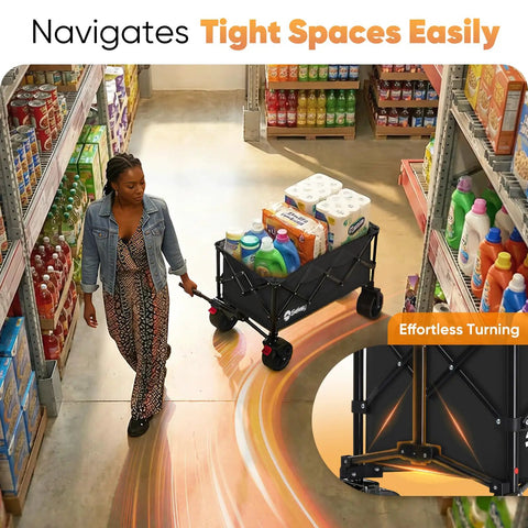 Foldable Wagon With All Terrain Wheels Beefy 150L Capacity Heavy Duty Collapsible Cart navigating a store aisle with groceries.