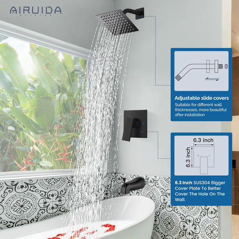 Hassle Free Matte Black Shower Faucet Set With Six Inch Rainhead And Tub Spout Solid Brass Rough In Valve All In One Bath Kit That Makes Renovations Dead Simple