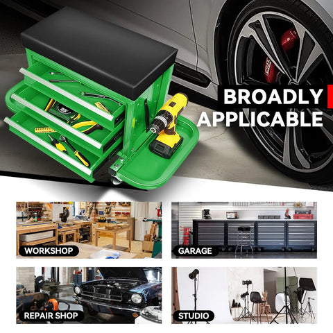 Rolling Mechanic Seat With 3 Drawers And Tool Tray 350 Lbs Capacity Green Heavy Duty Metal Frame Padded Cushion For Home Garage Auto Shop On Wheels With Locking Casters And Durable Steel Construction For Long Lasting Use in garage