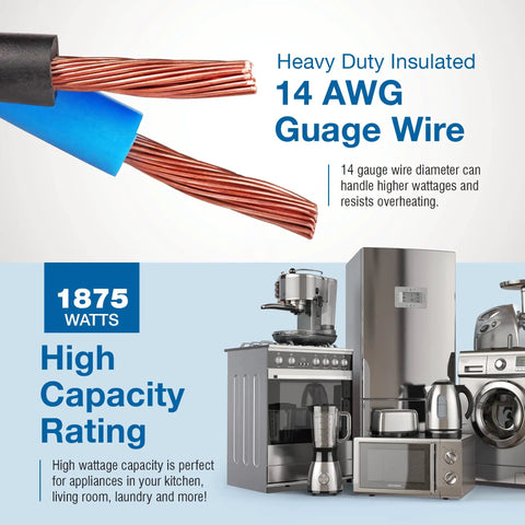 14 AWG copper wire and kitchen appliances for Heavy Duty 12ft Appliance Extension Cord With 14 Gauge High Voltage Flat End 3 Prong Plug Gray Indoor Use