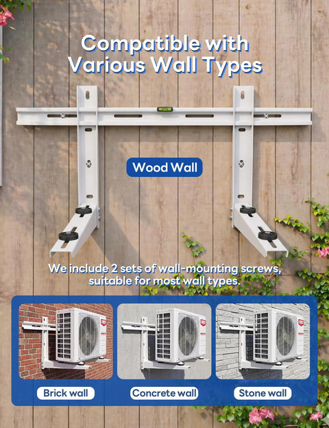 Beefy Heavy Duty Wall Mount Bracket for Mini Split Systems 9000–36000 BTU, shown on wood, brick, concrete, and stone walls