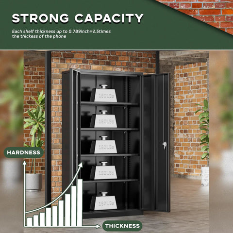Tough Black Locking Metal Storage Cabinet With Doors, open showing adjustable shelves with weights, in a brick-walled room.
